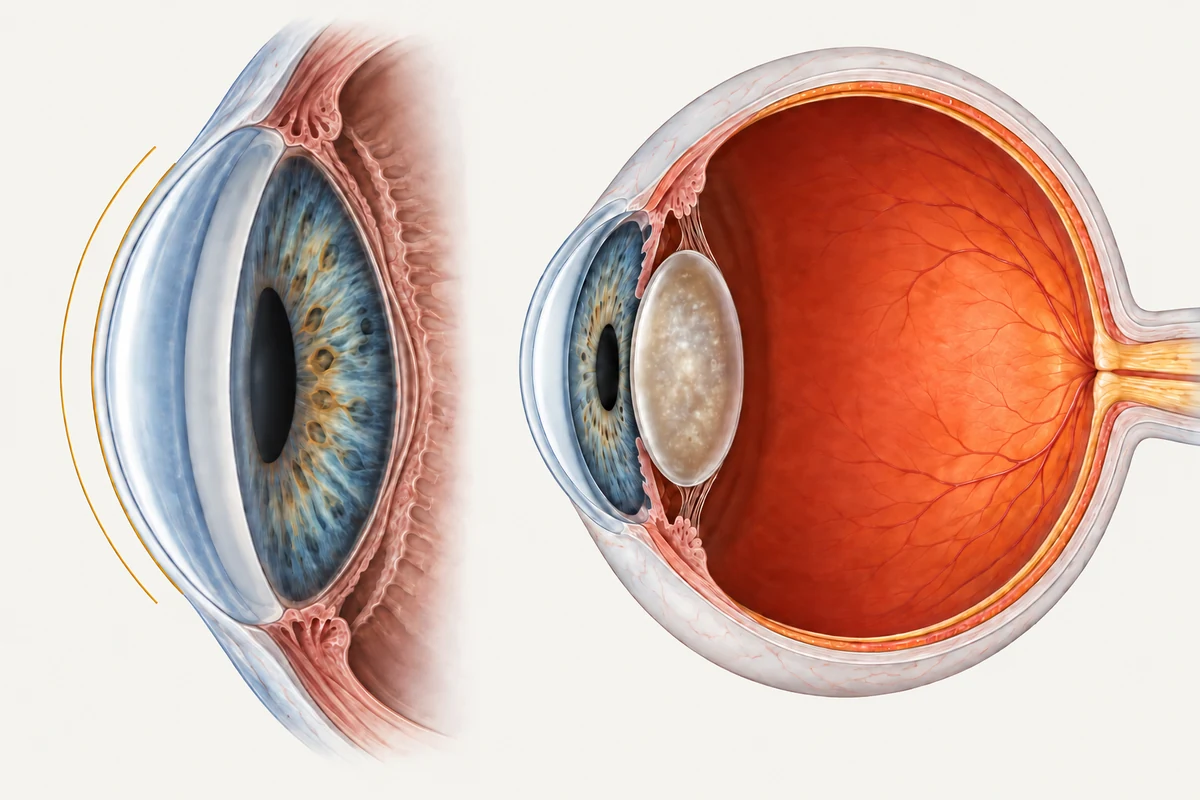 An anatomical illustration shows a close view of the cornea beside a cutaway of the whole eye, including the natural lens and retina.