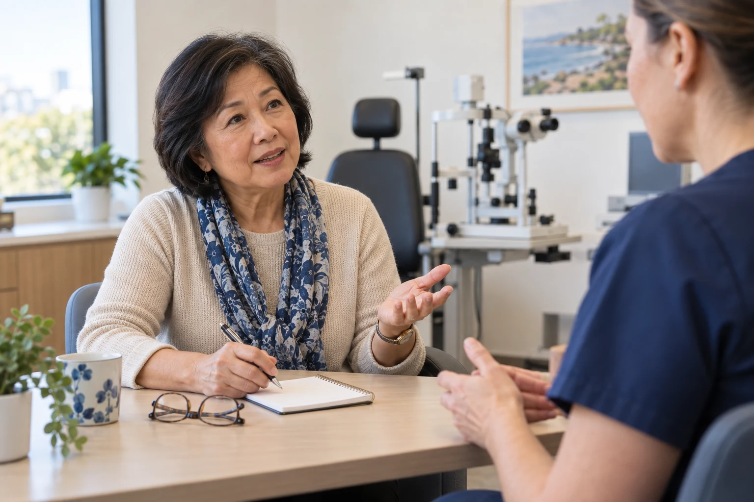 An older woman discussing questions with a clinician in an eye clinic.