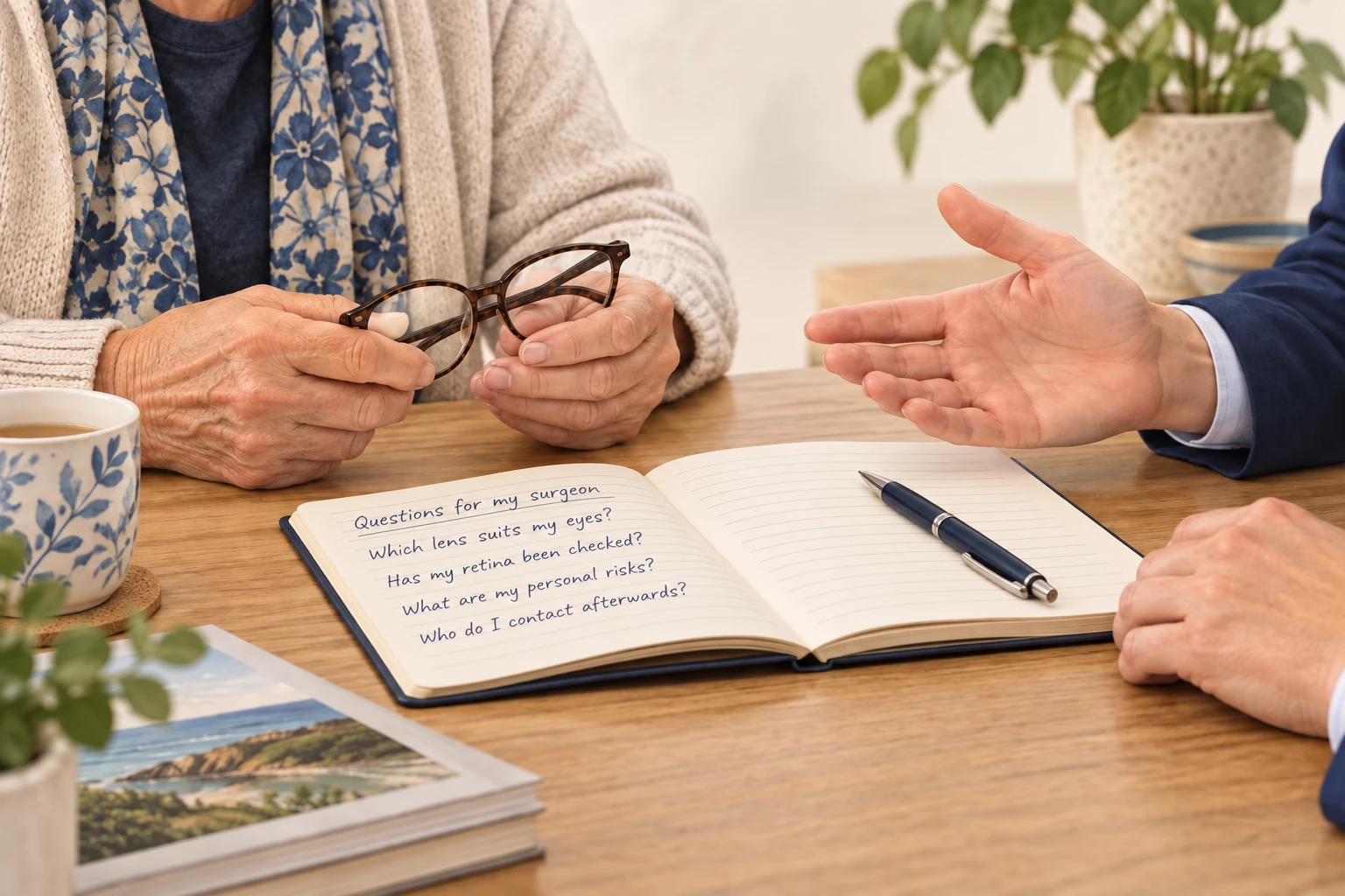 A consultation notebook with handwritten questions about lens choice, retinal checks, personal risks and aftercare.