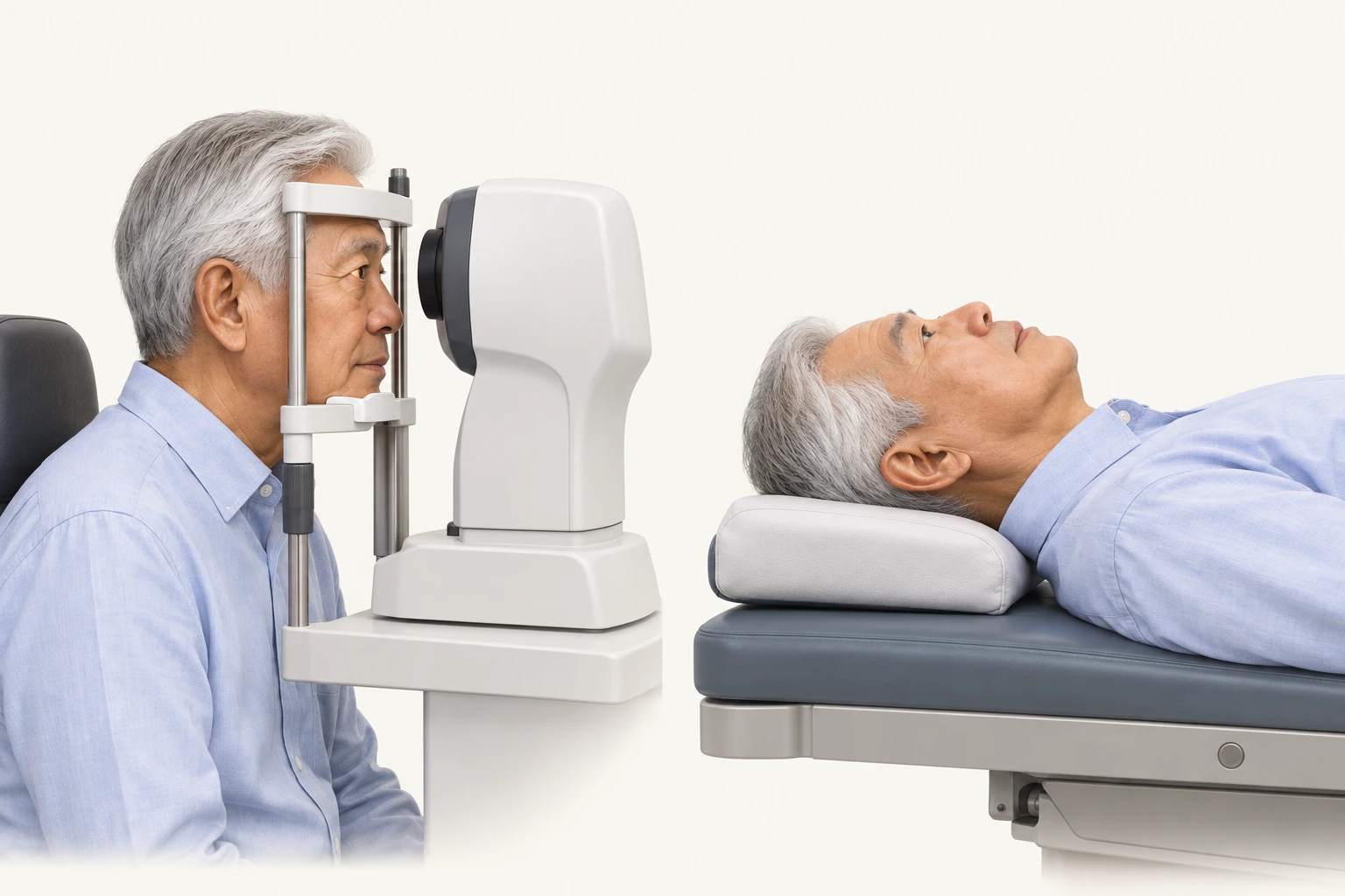 Illustration of a man seated upright for eye measurements and lying on his back on an operating couch