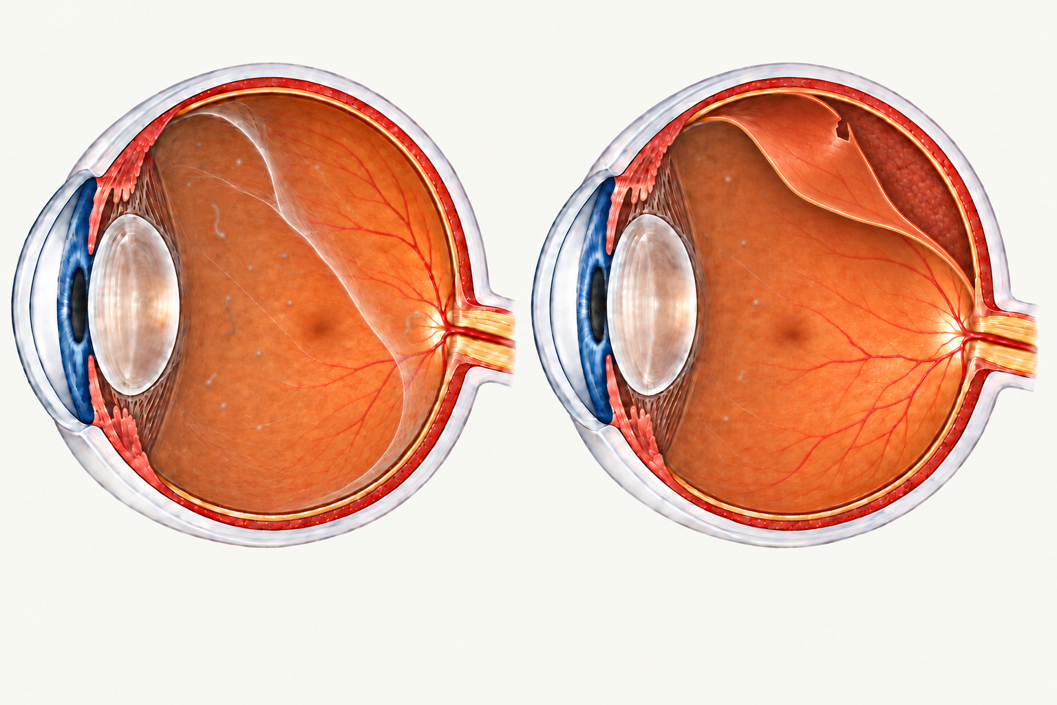 Partial vitreous separation above and behind the eye, with several vitreous floaters and a faint Weiss ring near the optic disc; beside it, a retinal tear with the upper retina lifted from the eye wall.