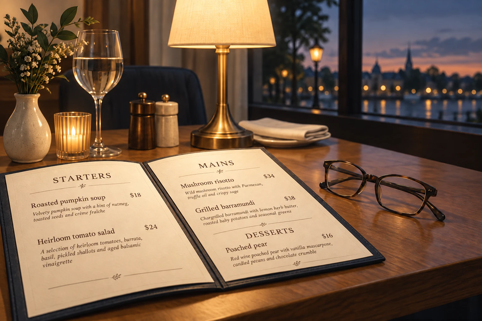 Reading glasses beside a menu on a warmly lit restaurant table, with dusk visible through the window.