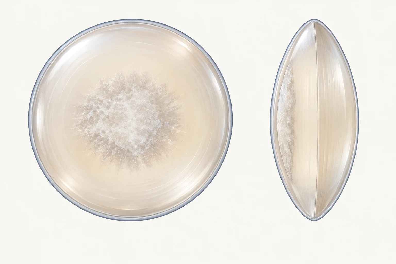 Front view and side optical section of an anterior subcapsular cataract, with a broad fibrous plaque immediately inside the front, left-hand lens capsule.