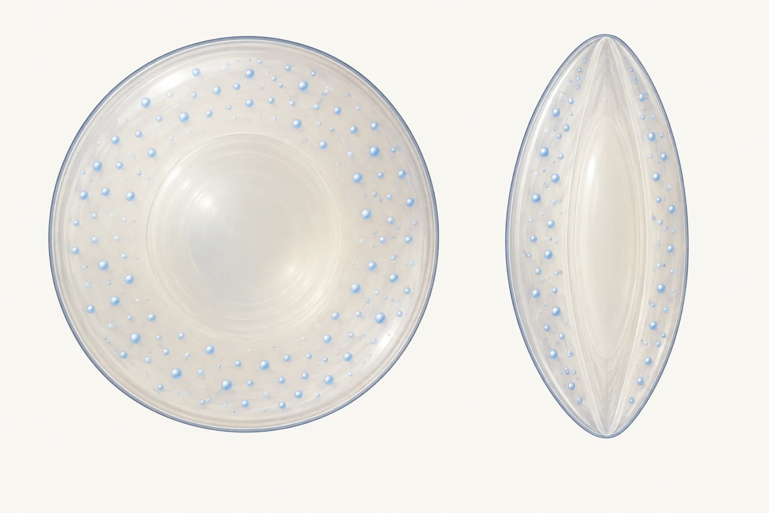 Front view and side optical section showing scattered bluish-white cerulean dots within otherwise clearer lens layers.