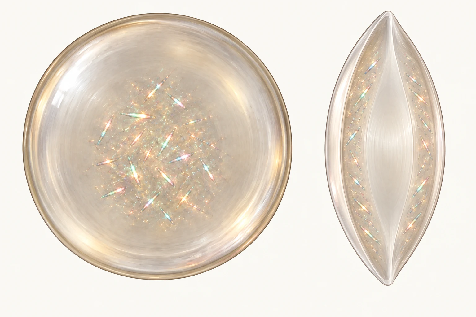 Front view and side optical section showing small multicoloured refractile needles scattered within the lens in a Christmas tree cataract.