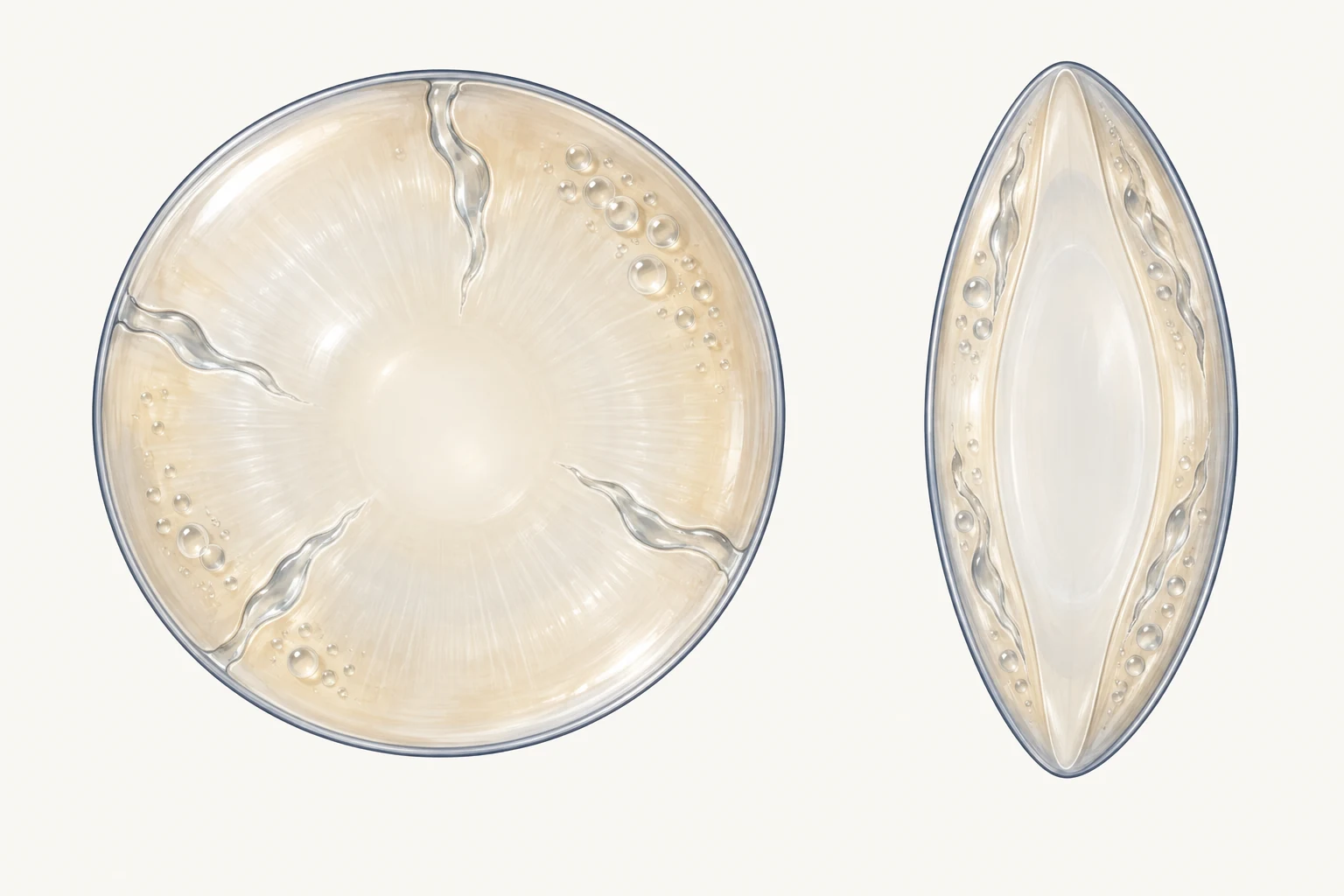 Front view and side optical section showing narrow waterclefts and small round vacuoles within the outer cortex of the lens.