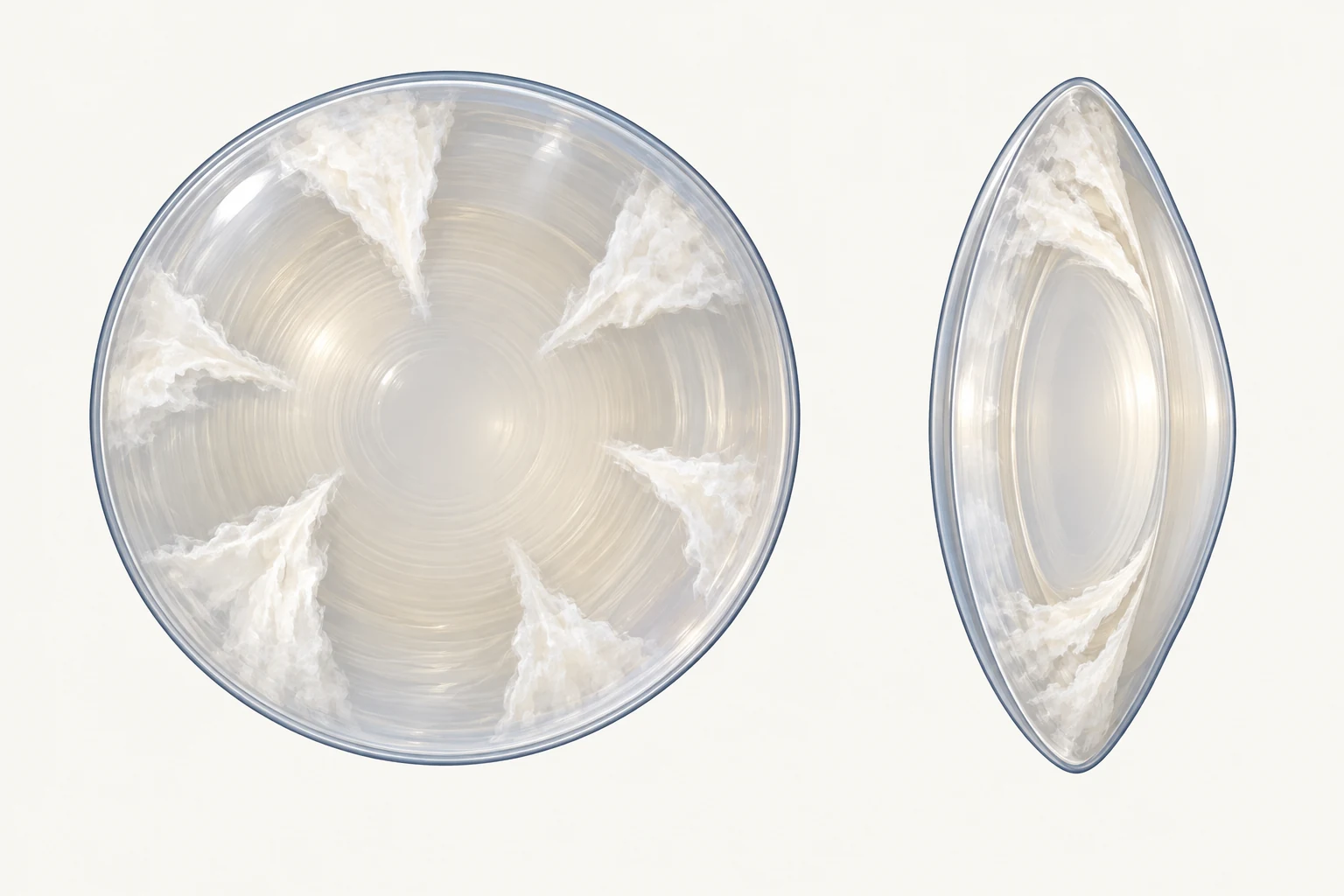 Front view and side optical section showing white cortical wedges extending inwards from the lens edge around a clearer nucleus.