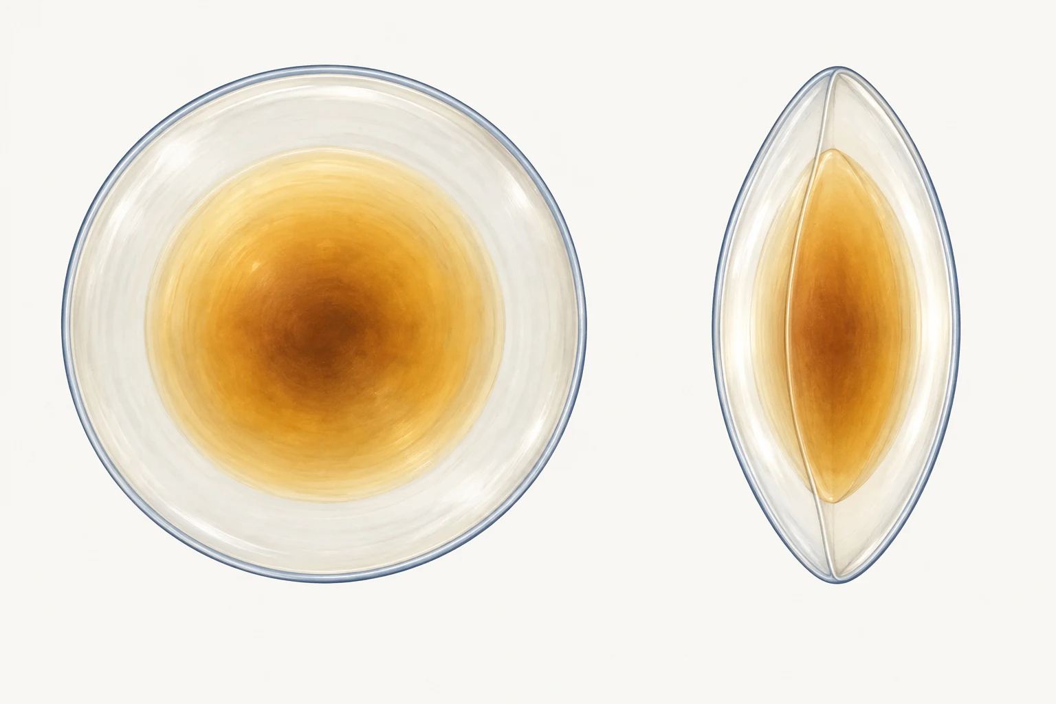 Front view and side optical section of a nuclear cataract, with an amber-brown central nucleus surrounded by clearer cortex.