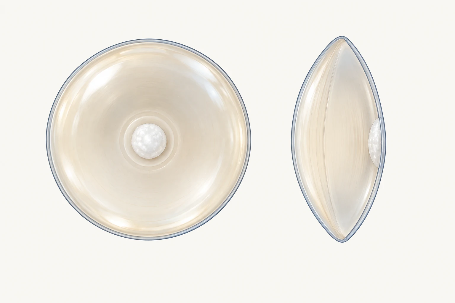 Front view showing a defined central posterior polar opacity with concentric rings, and side optical section showing its attachment to the back capsule.