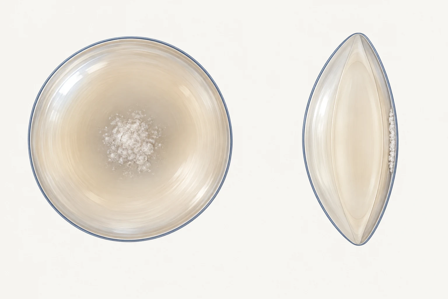 Front view showing a central granular patch and side optical section locating the patch immediately inside the back, right-hand lens capsule.