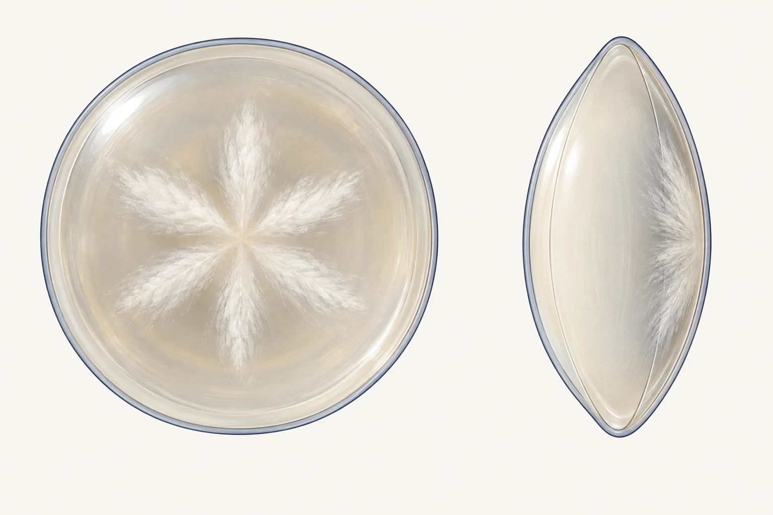 Front view of a white petal-shaped traumatic rosette and side optical section showing the opacity in the posterior lens cortex.