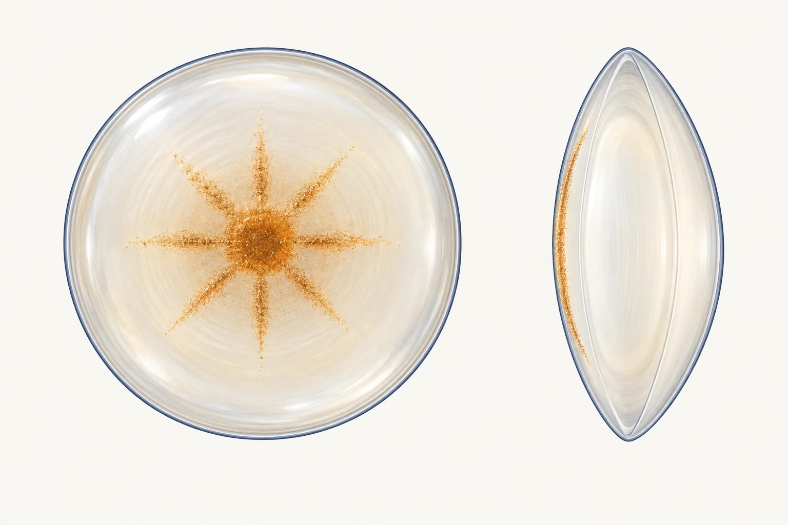 Front view of golden copper deposits in a sunflower pattern and side optical section showing thin anterior capsular deposition with a relatively clear lens interior.