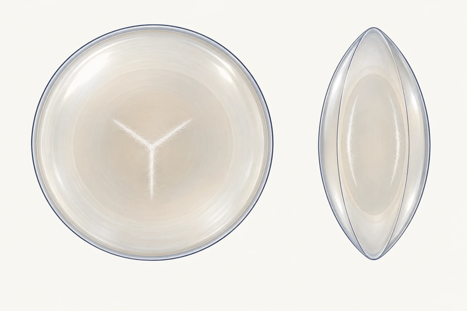 Front view showing a white Y-shaped sutural opacity and side optical section indicating affected suture planes within the lens.