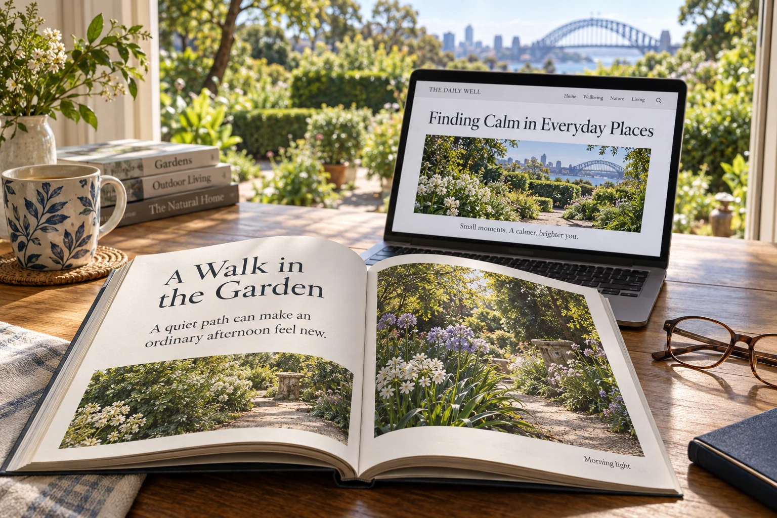 A book and laptop beside a window overlooking a Sydney garden