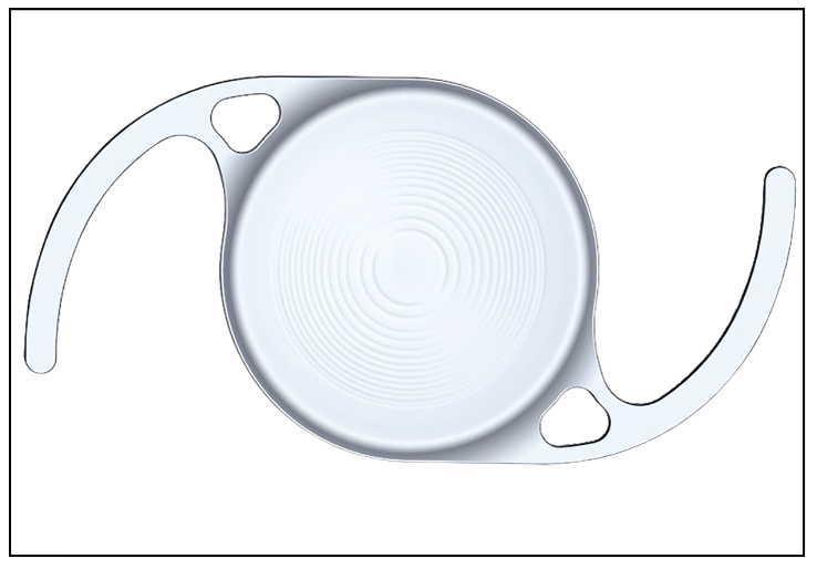 The enVista Envy lens showing its concentric optical rings, two curved supporting arms and openings beside the optic