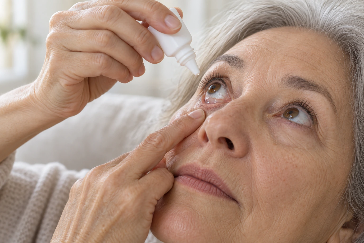 A woman looks upwards as one drop reaches the pocket inside her gently lowered lower eyelid, with the bottle tip clear of her eye and lashes.