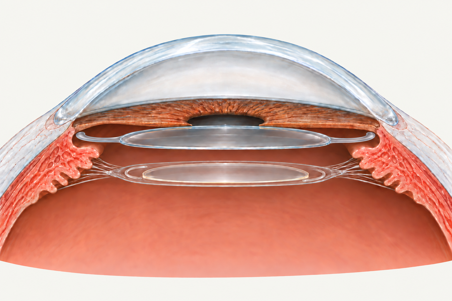 A supplementary lens behind the iris, above the original lens implant in its capsular bag.