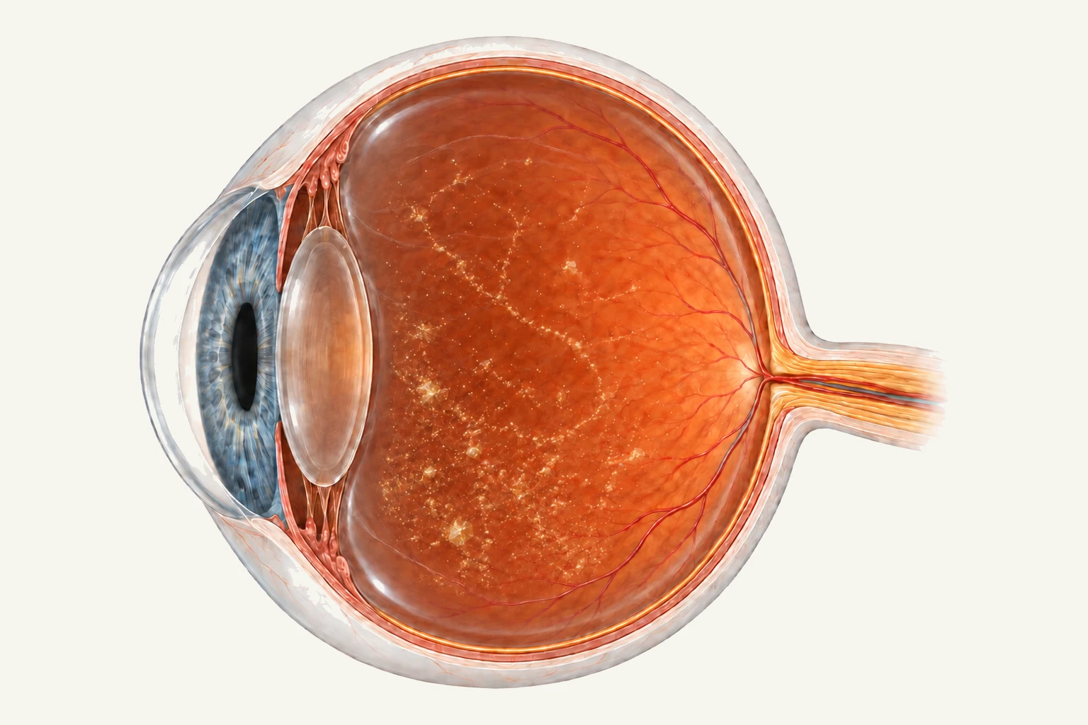 Cutaway of an eye with many small creamy-white particles suspended in the centre of the gel, leaving a clear band of gel next to the retina.