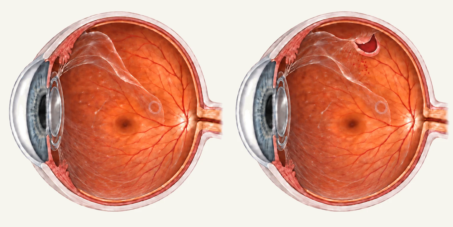 Two side views of an eye with a thin lens implant behind the iris. Left: the clear gel has peeled away from the top and back of the eye and floats in front of the retina, with a faint ring in front of the optic nerve, while it stays attached lower down. Right: the same separation, but where the gel is still stuck near the top it has pulled a small flap-shaped tear in the retina, with a few specks of blood nearby.