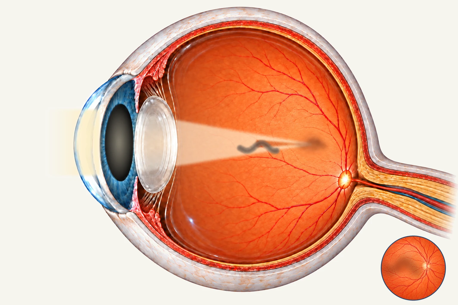 The same eye with a large pupil. A wide cone of light converges on the same point of the retina; the floater blocks only part of it, so its shadow is larger, faint and blurred. The retinal view shows a pale, diffuse patch.