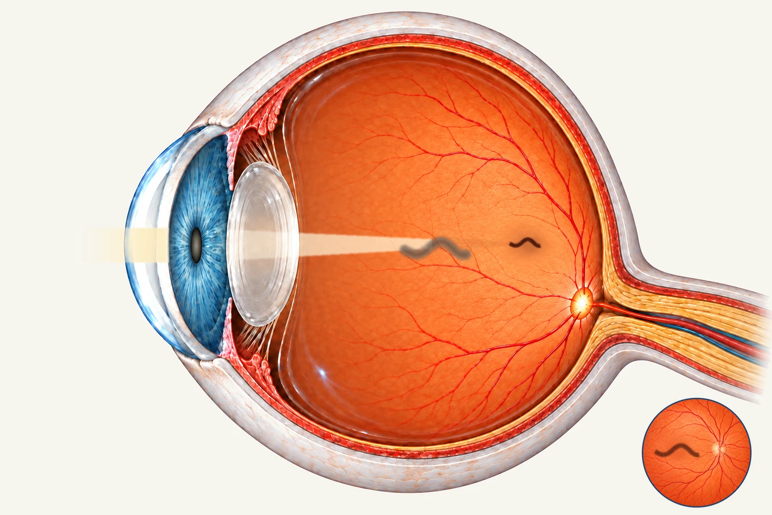 Side view of an eye with a small pupil. A narrow bundle of light is focused towards one point on the retina; the floater blocks all of it, casting a small, dark, sharp shadow. The retinal view shows a dark, well-defined spot.