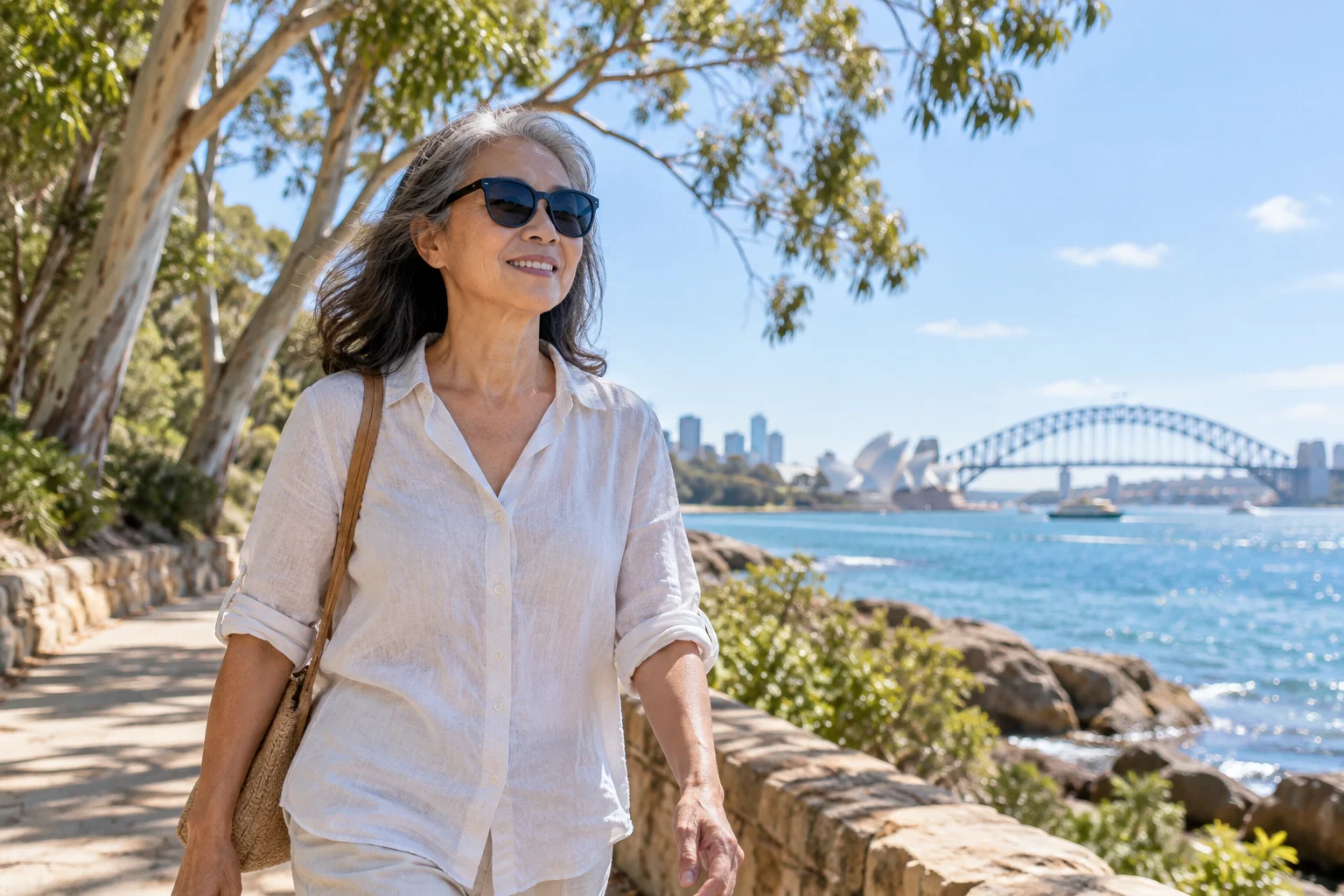 A smiling woman in her sixties wearing sunglasses on a sunny harbour foreshore walk.