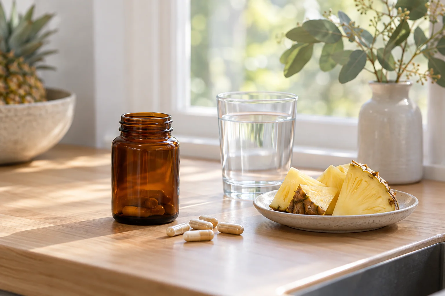 An unlabelled supplement jar with capsules, a plate of pineapple wedges and a glass of water on a kitchen bench.