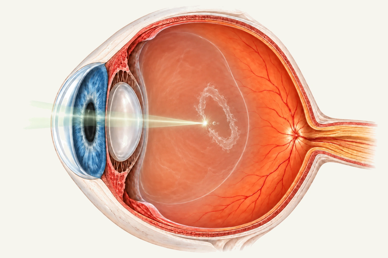 Cross-section of an eye during YAG laser treatment: a narrow beam passes through the pupil and lens and is focused on a ring-shaped floater in the middle of the gel, well away from the lens and the retina.