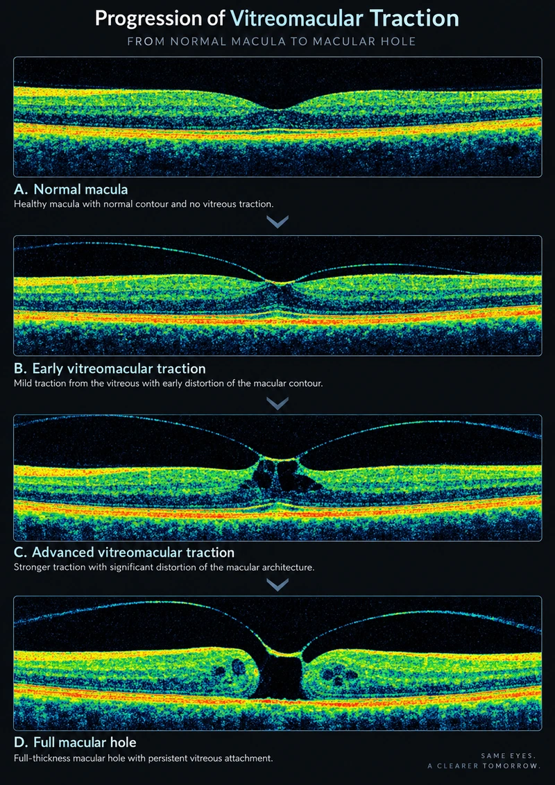 Illustrative scan stages: normal macula, early traction, advanced traction and a full-thickness macular hole. Not every case of traction progresses to a hole.