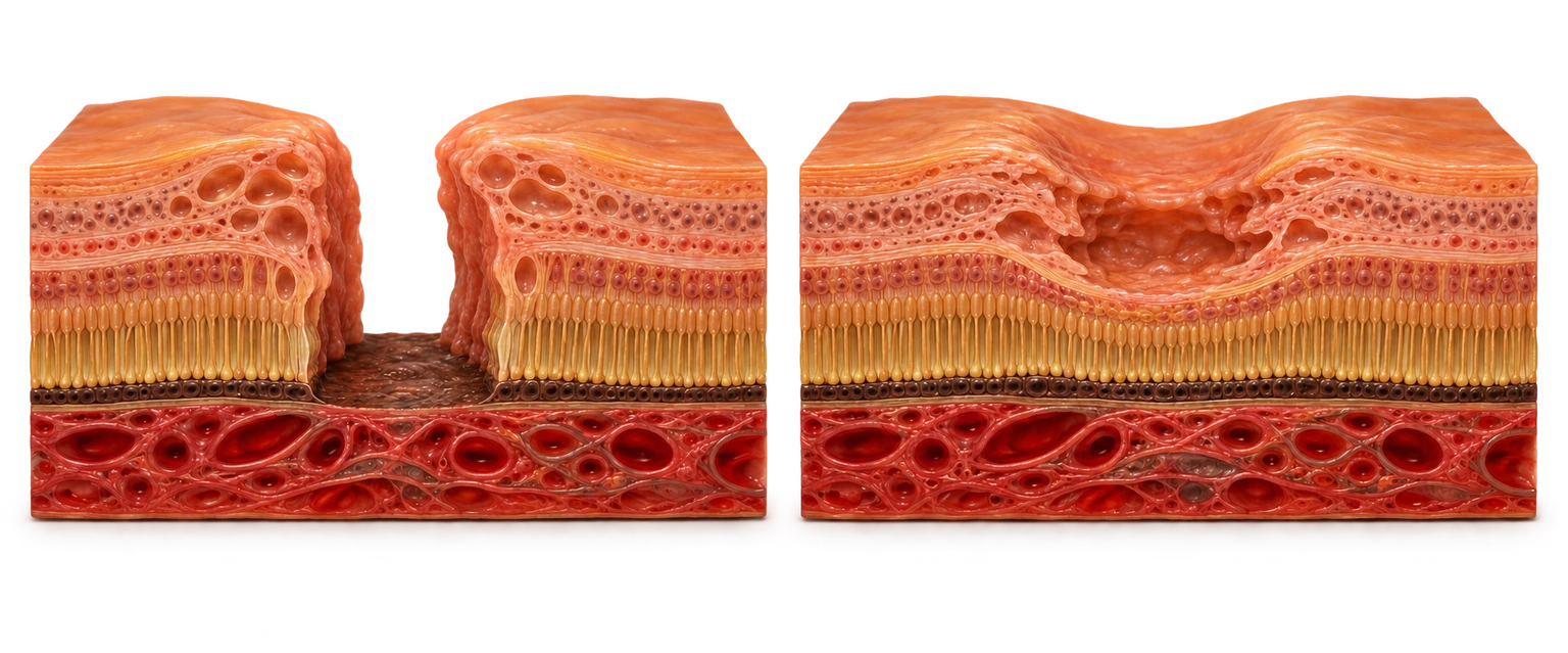 Retinal cutaways compare a complete neural retinal opening on the left with a partial cavity retaining an outer retinal floor on the right. The RPE and choroid remain continuous beneath both.