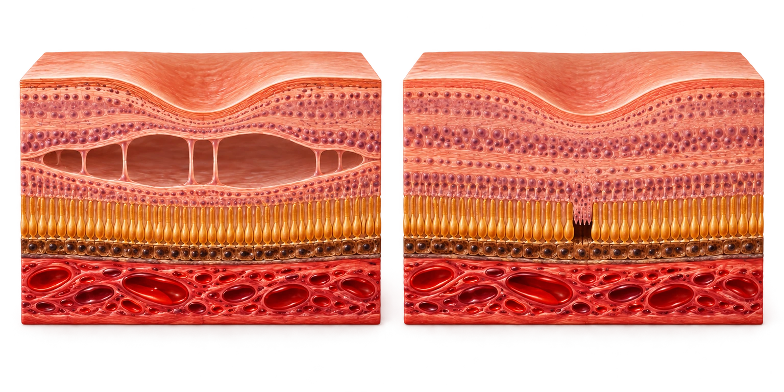 Retinal tissue on the left contains an enclosed split with bridging columns. On the right a focal outer retinal defect lies beneath intact inner retina.