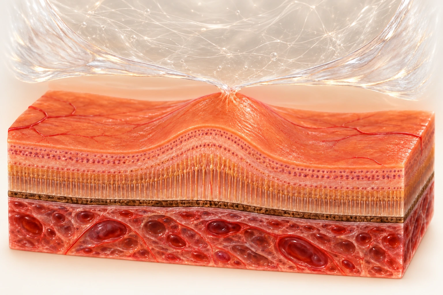 Transparent vitreous gel lies anterior to the partly separated posterior hyaloid, which remains attached to and lifts the central retinal tissue.
