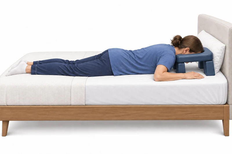 A woman lies face down on a bed with an open raised face support and a clear breathing space.