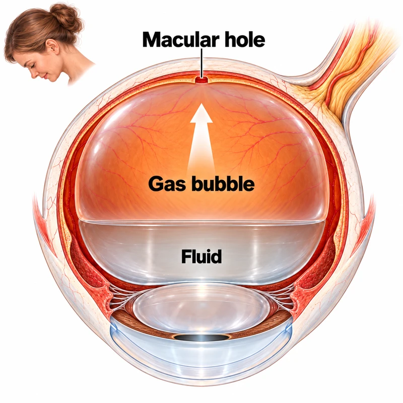 Illustration of a gas bubble floating above fluid to support a macular hole when the eye is directed downwards.