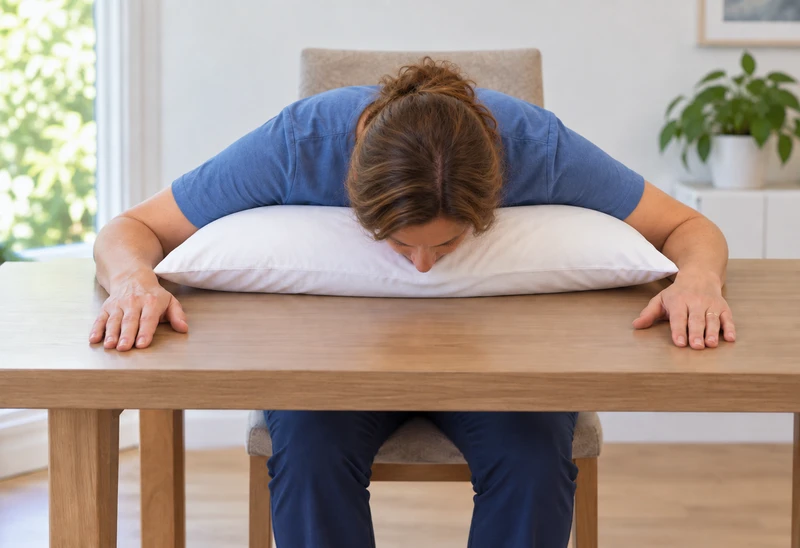Woman leans over a chest pillow at a table, with her head extending in front of it.