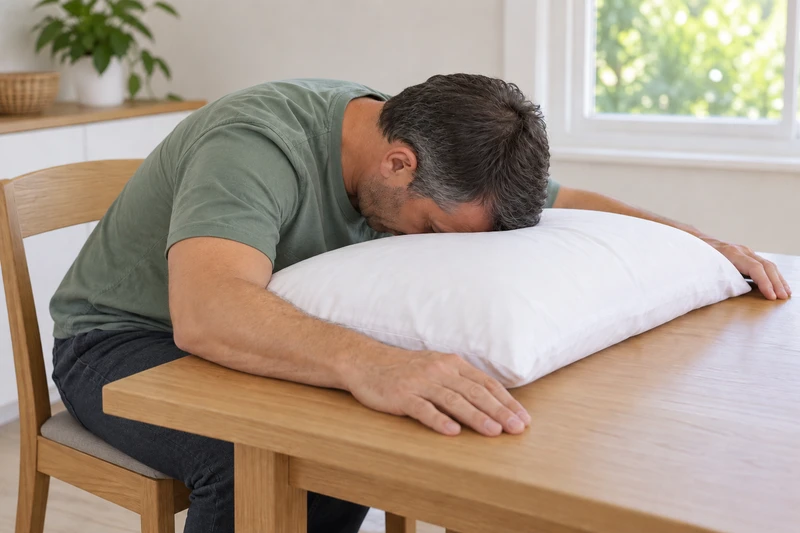 Man leans towards a pillow at a table with his forehead supported.