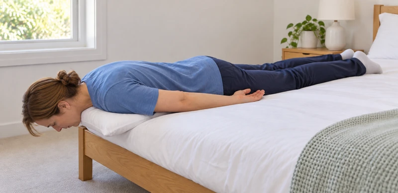 Woman lies on her front with a pillow beneath her chest and her head beyond the end of the bed.