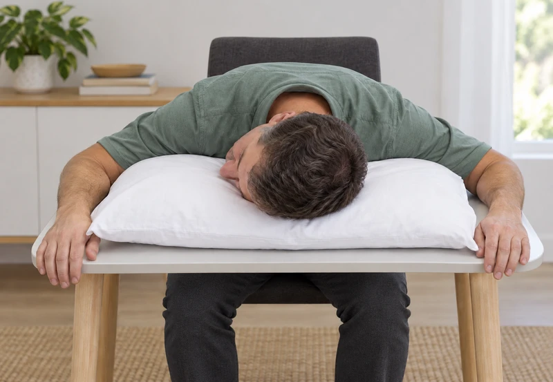 Left cheek on a pillow — sitting at a table.
