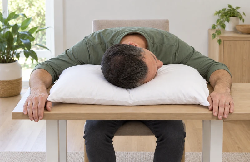 Right cheek on a pillow — sitting at a table.