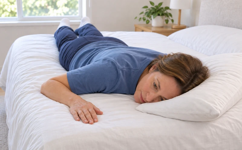 Left cheek down — body lying on the front, head turned to the side.