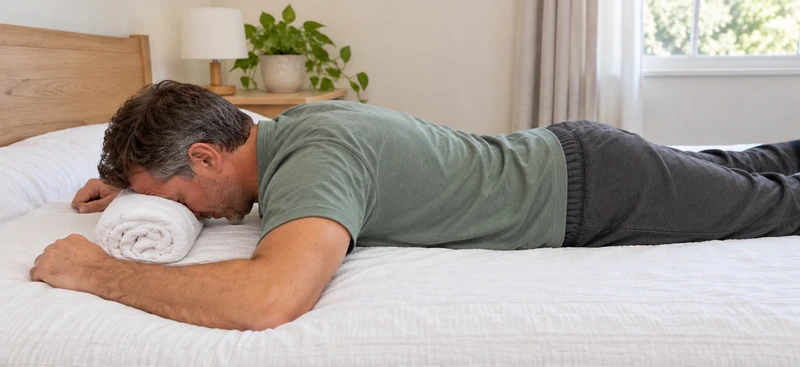 Man lies on his front with a rolled towel beneath his forehead.