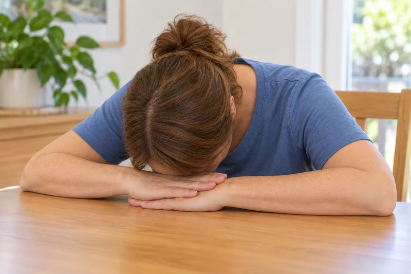 Woman seated at a table rests her forehead on stacked hands.
