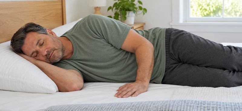 Right side and right cheek down — lying on the side.