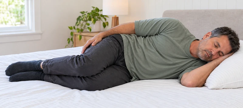 Left side and left cheek down — lying on the side.