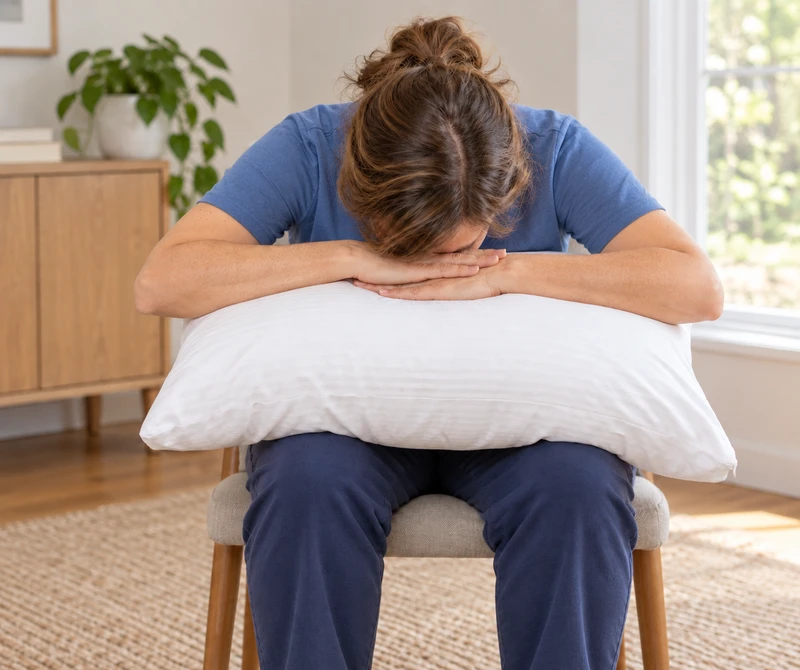 Woman rests her hands on a pillow in her lap and leans her head forward onto them.