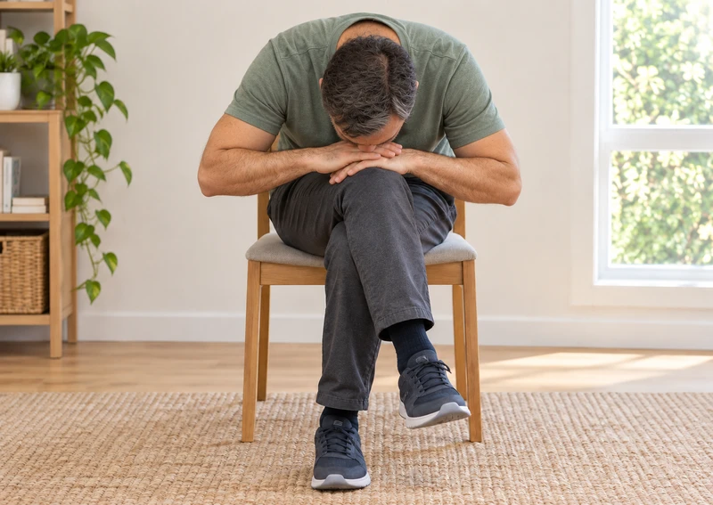 Man leans forward with his hands resting on a raised crossed knee.