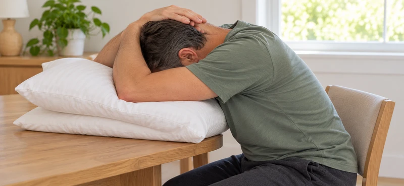 Man raises his arms around his head while leaning over pillows.