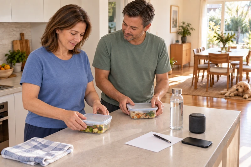 A family member helps prepare meals, drinks and everyday items before the patient begins positioning.