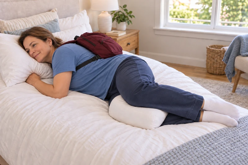 A woman lies with her right cheek on the pillow and a soft towel-filled backpack behind her.