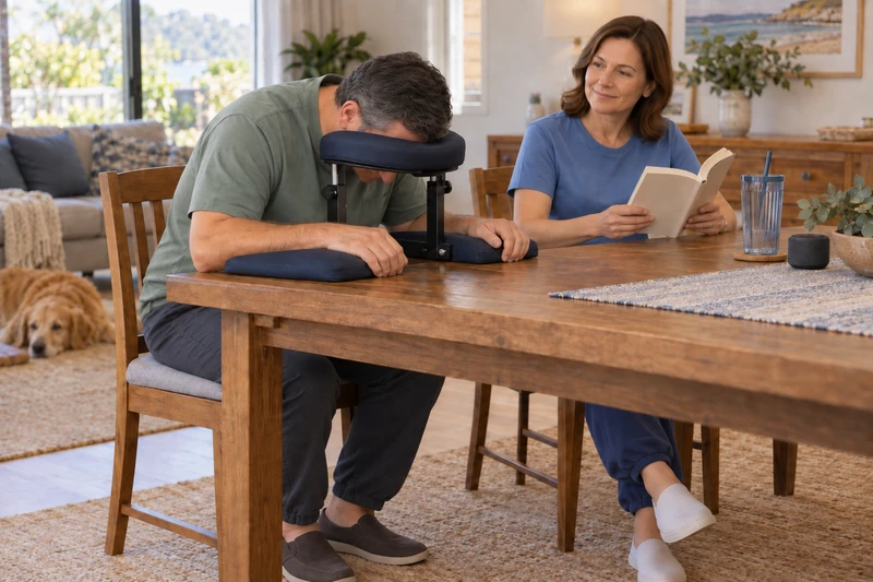 A man remains face down at a table while his partner sits nearby with a book and audio player.
